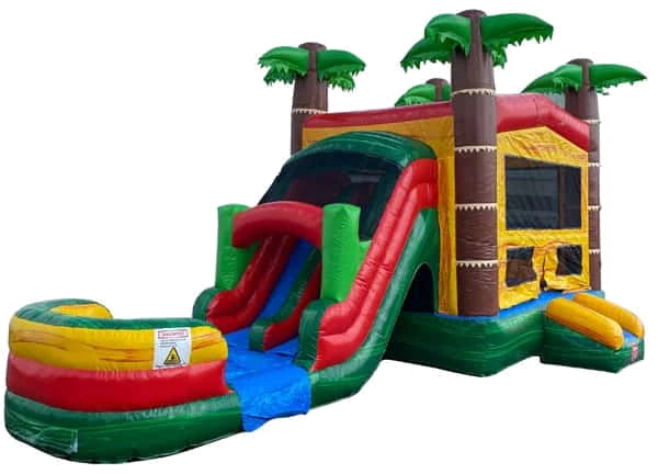 A palm tree themed bounce house with a slide